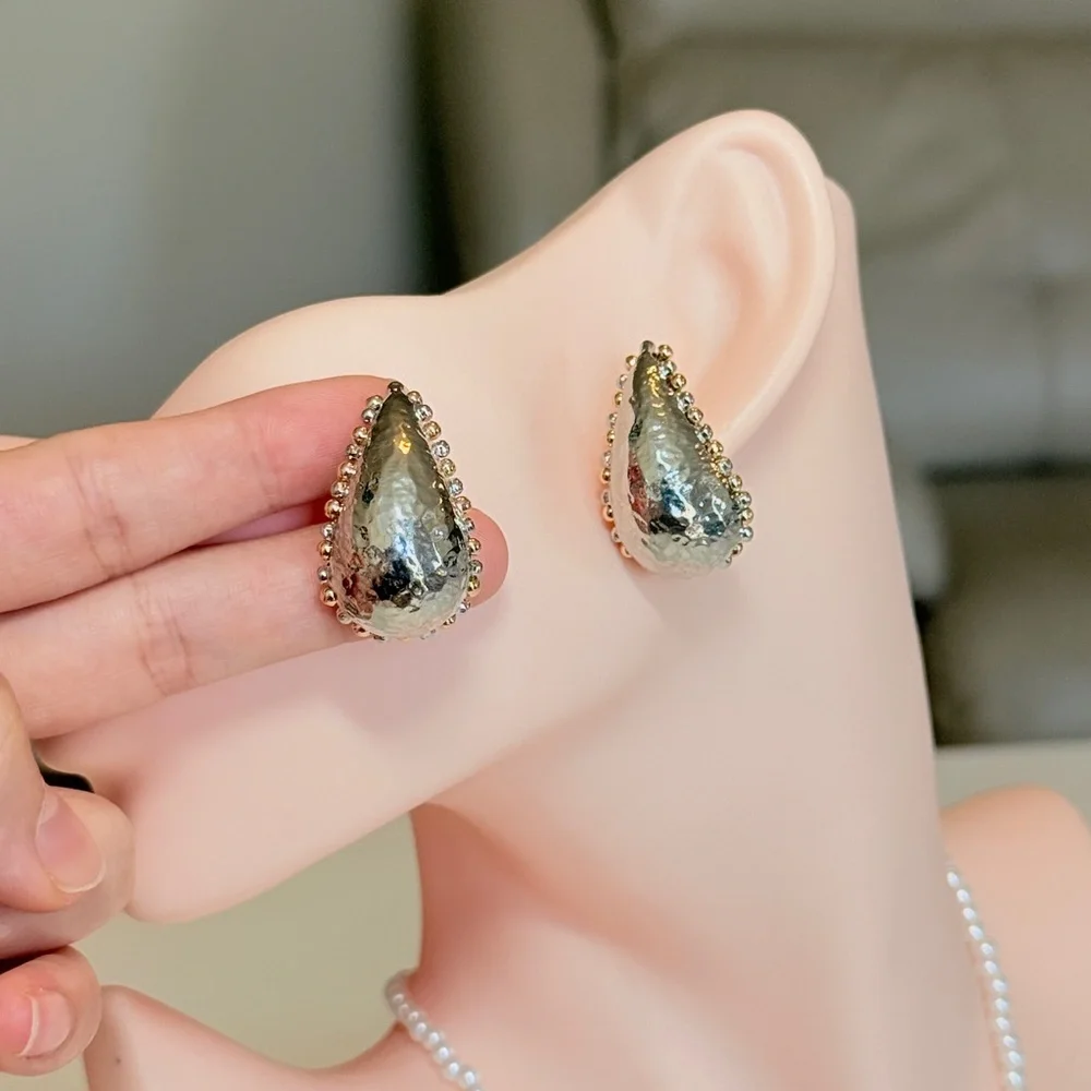 Silver Teardrop Beaded Edge Earrings - Women Jewelry